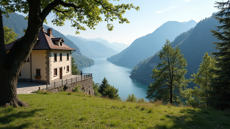 Weitwinkelaufnahme eines traditionellen Rusticos mit Seeblick auf den Lago Maggiore