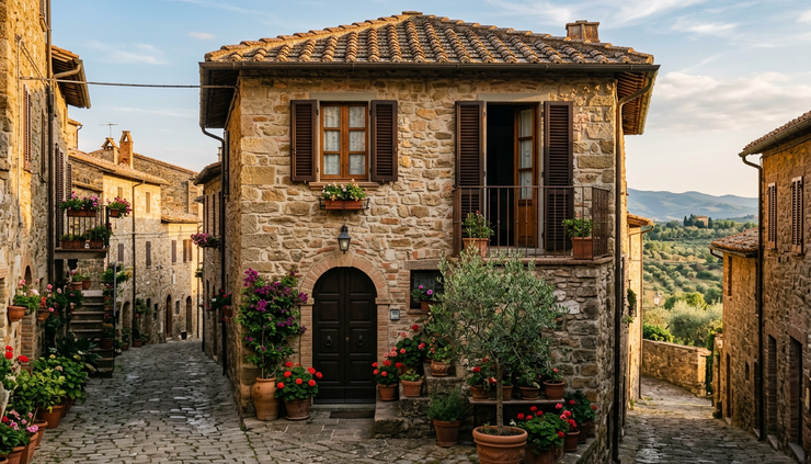 Eye-level view of a stone house in an Italian village with a narrow street and terracotta roofs