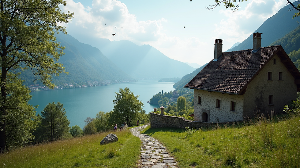 Weitwinkelaufnahme eines traditionellen Rusticos mit Seeblick auf den Lago Maggiore