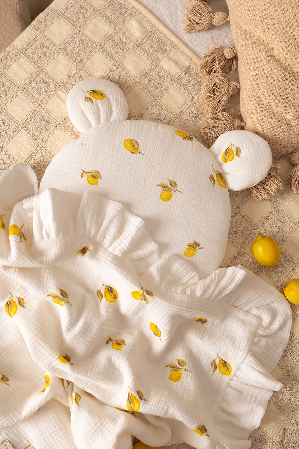 Set couverture et coussin en mousseline (4 couches) Lemon - MotulinKa