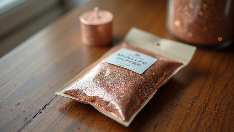 High angle view of eco-friendly glitter packaging on a wooden surface