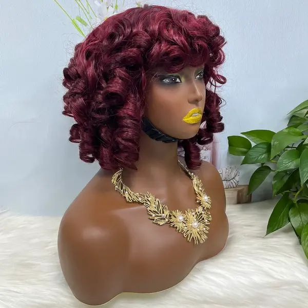 Thumbnail: Fringe Double Drawn Human Hair Wig Fumi Curl Wine Color 99J Wigs 14inch