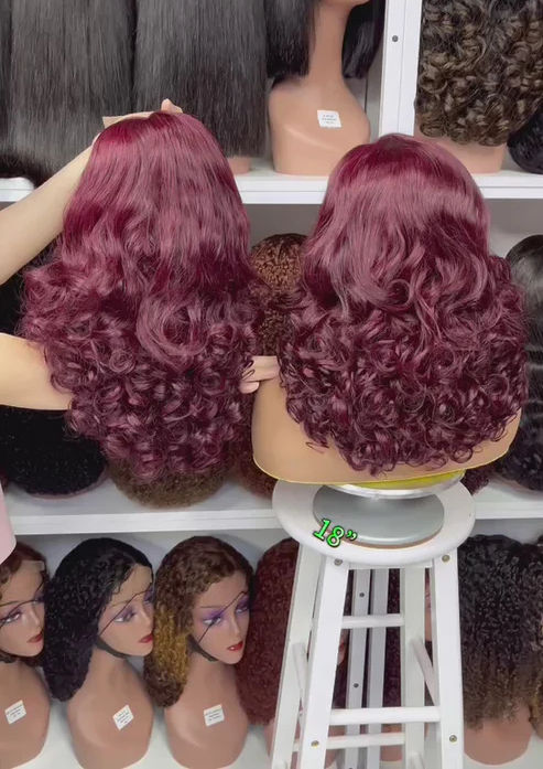 Double Drawn 5x5 Glueless Lace Wig Bouncy Curl Human Hair Wig 20" Wine Color 99J