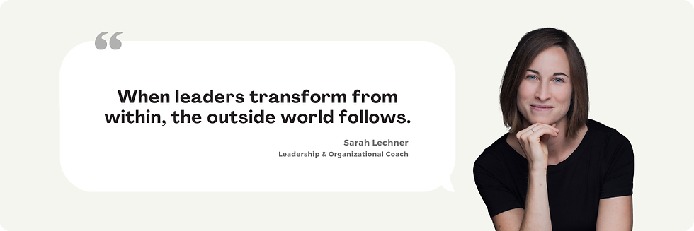 Woman in a cream outfit sits thoughtfully beside a large quote about authentic leadership. Cream background, gray text.