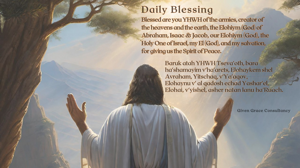 Person in white robe with arms raised, under a tree overlooking mountains. Text: "Daily Blessing" with religious verses in English and Hebrew.