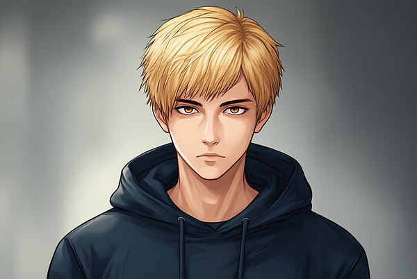 Kenny Hart Charakter Fautunia - 17-jähriger blonder Junge mit ernstem Blick und dunklem Hoodie, der Troublemaker der Fünf, Fantasy Roman von Chris Andre Bernhard