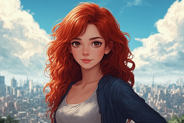 Haylie Johnsen Hauptcharakter Fautunia - 15-jähriges Mädchen mit roten lockigen Haaren vor Stadtkulisse, Fantasy Protagonistin von Chris Andre Bernhard