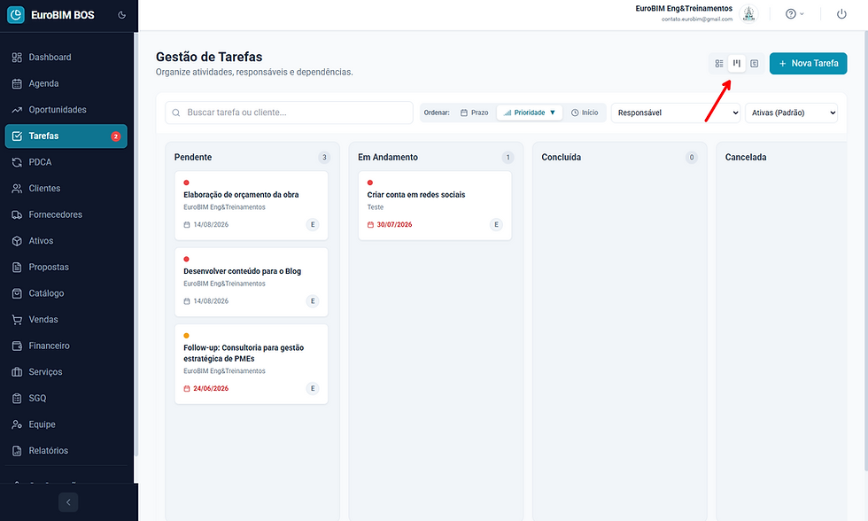 EuroBIM BOS – visualização Kanban da gestão de tarefas organizada por status: pendente, em andamento, concluída e cancelada.