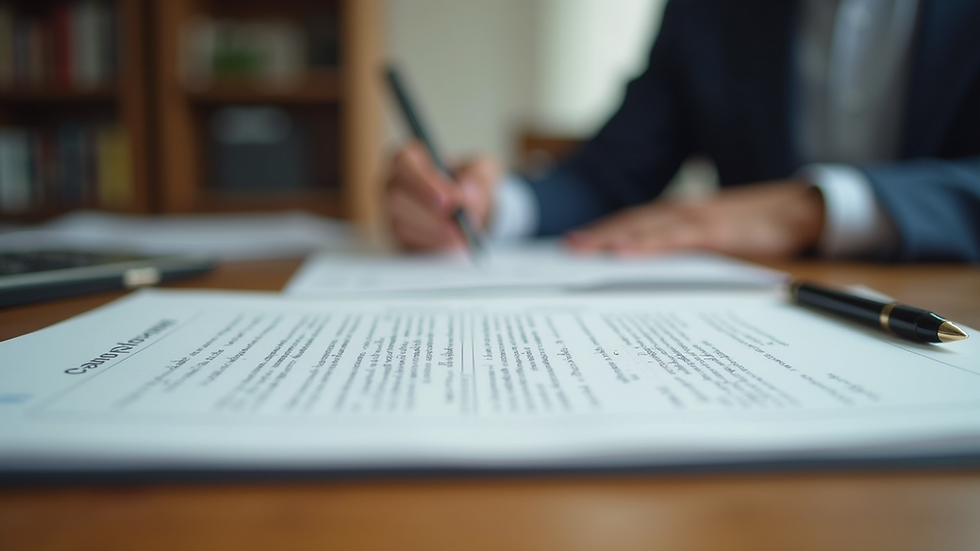 Eye-level view of a desk with legal documents and a pen