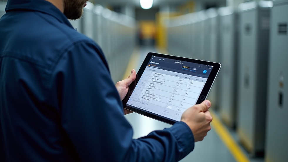Close-up view of a technician using a tablet to update a maintenance ticket
