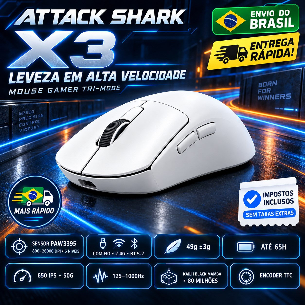 X3 Mouse Gamer Tri‑Modo Sensor PAW3395 800‑26000 DPI 650IPS 50G Switch Kailh