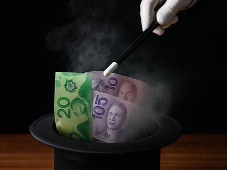Magician’s gloved hand holding a wand over a black top hat with Canadian banknotes disappearing into white smoke, symbolizing lost tax money.