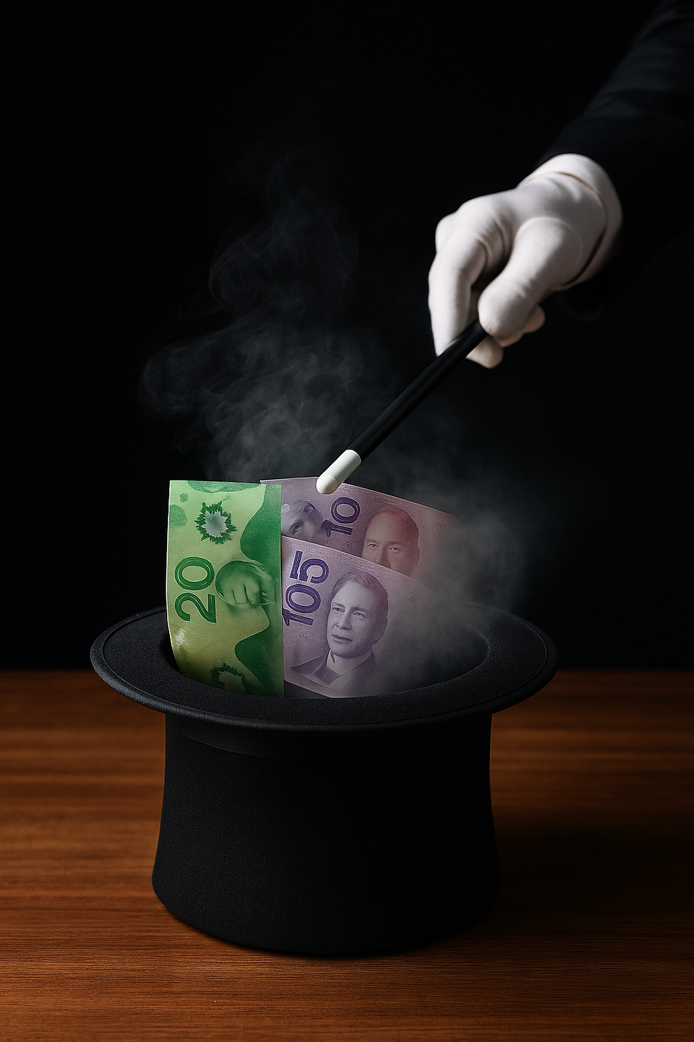 Magician’s gloved hand holding a wand over a black top hat with Canadian banknotes disappearing into white smoke, symbolizing lost tax money.