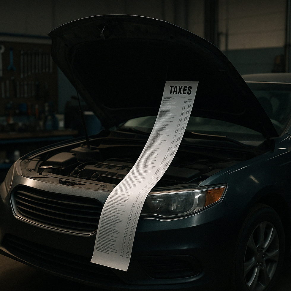 A realistic photo of a car hood slightly open with a crumpled tax receipt sticking out, symbolizing how finding a good tax accountant is like finding a good mechanic — overpriced repairs, hidden charges, and shady upsells included.
