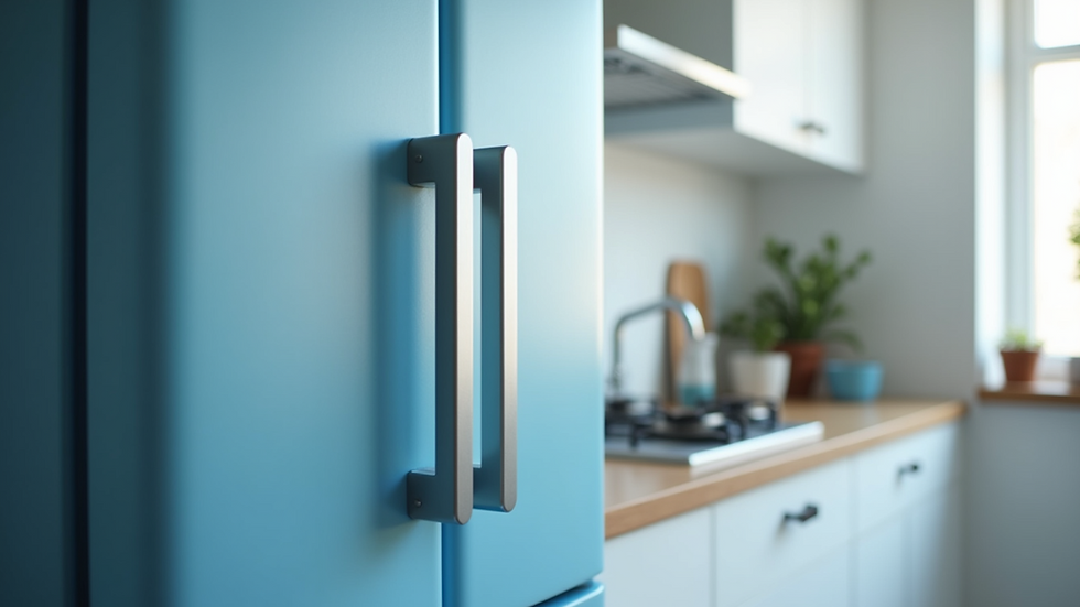 Close-up of a matte blue refrigerator door with sleek handles
