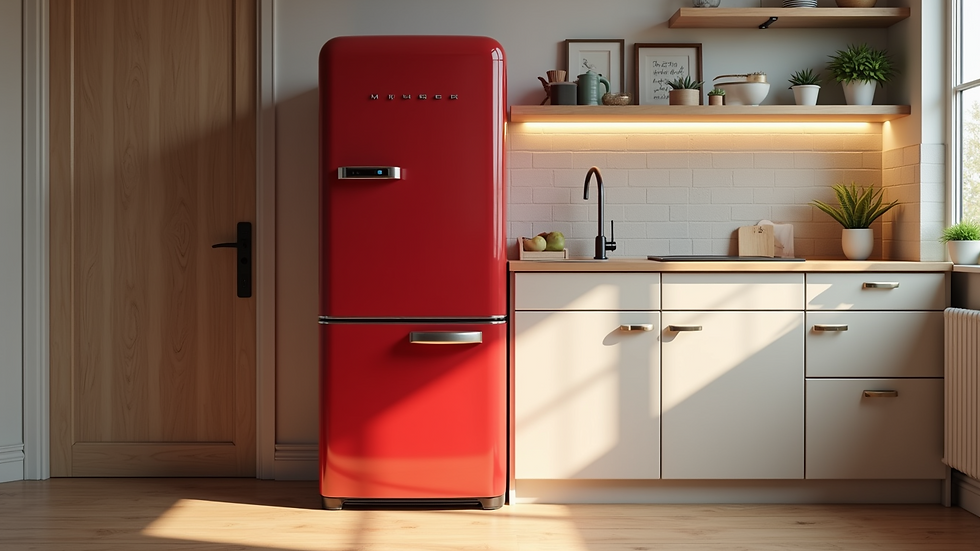High angle view of a kitchen with a red vintage-style refrigerator as a centerpiece