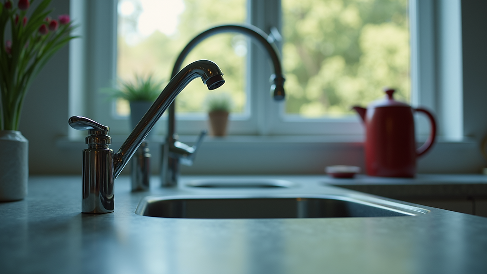 Eye-level view of a kitchen sink area with neatly arranged appliance hoses