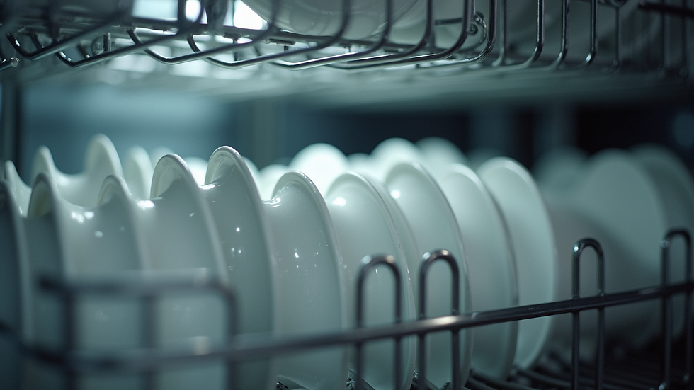 Close-up view of dishwasher racks loaded with dishes