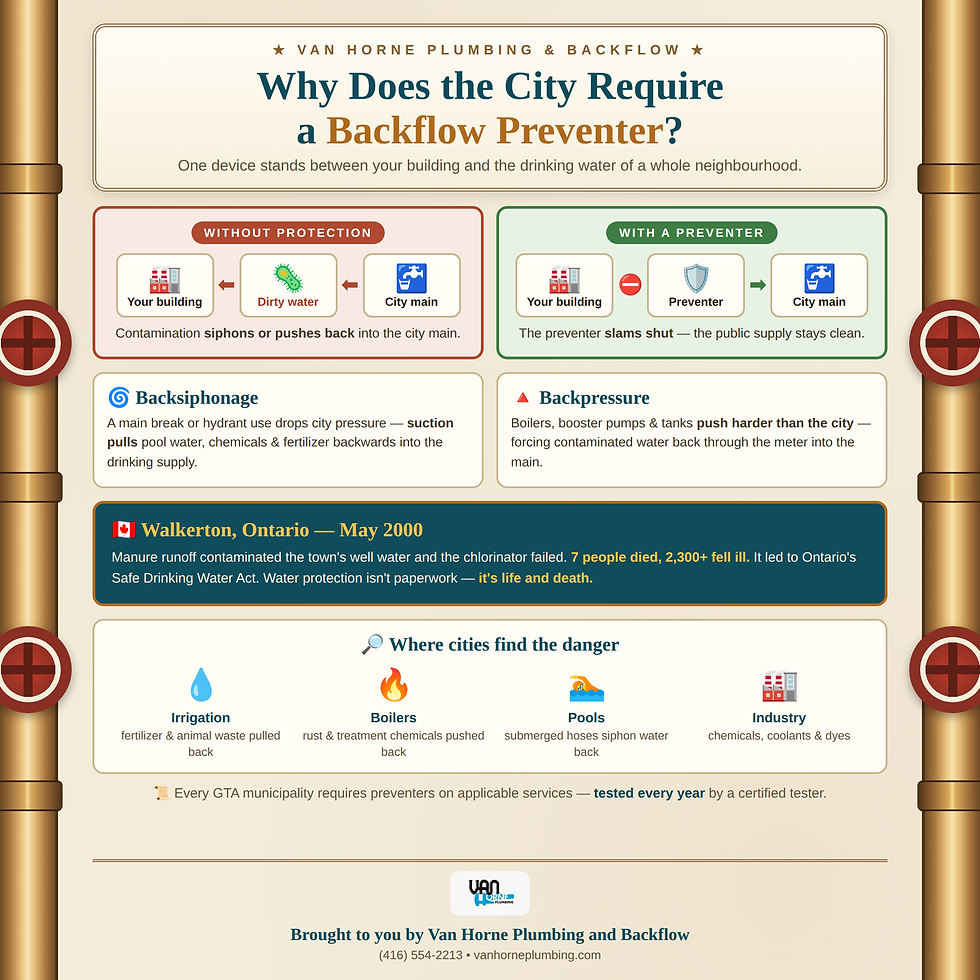 Infographic explaining why cities require backflow preventers on water mains