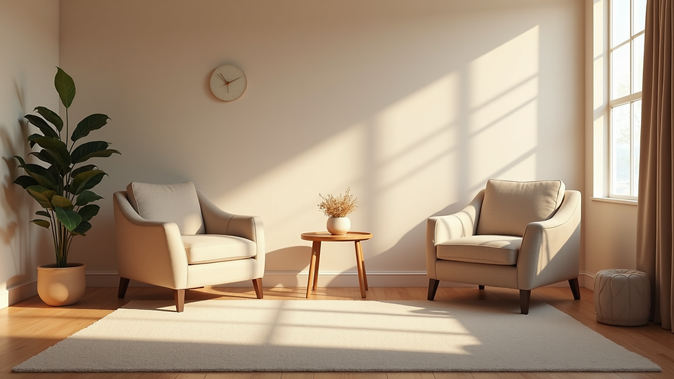 Eye-level view of a calm therapy room with soft lighting and comfortable chairs