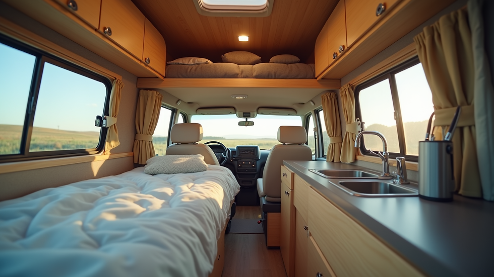 Close-up view of campervan interior with bed and kitchen area