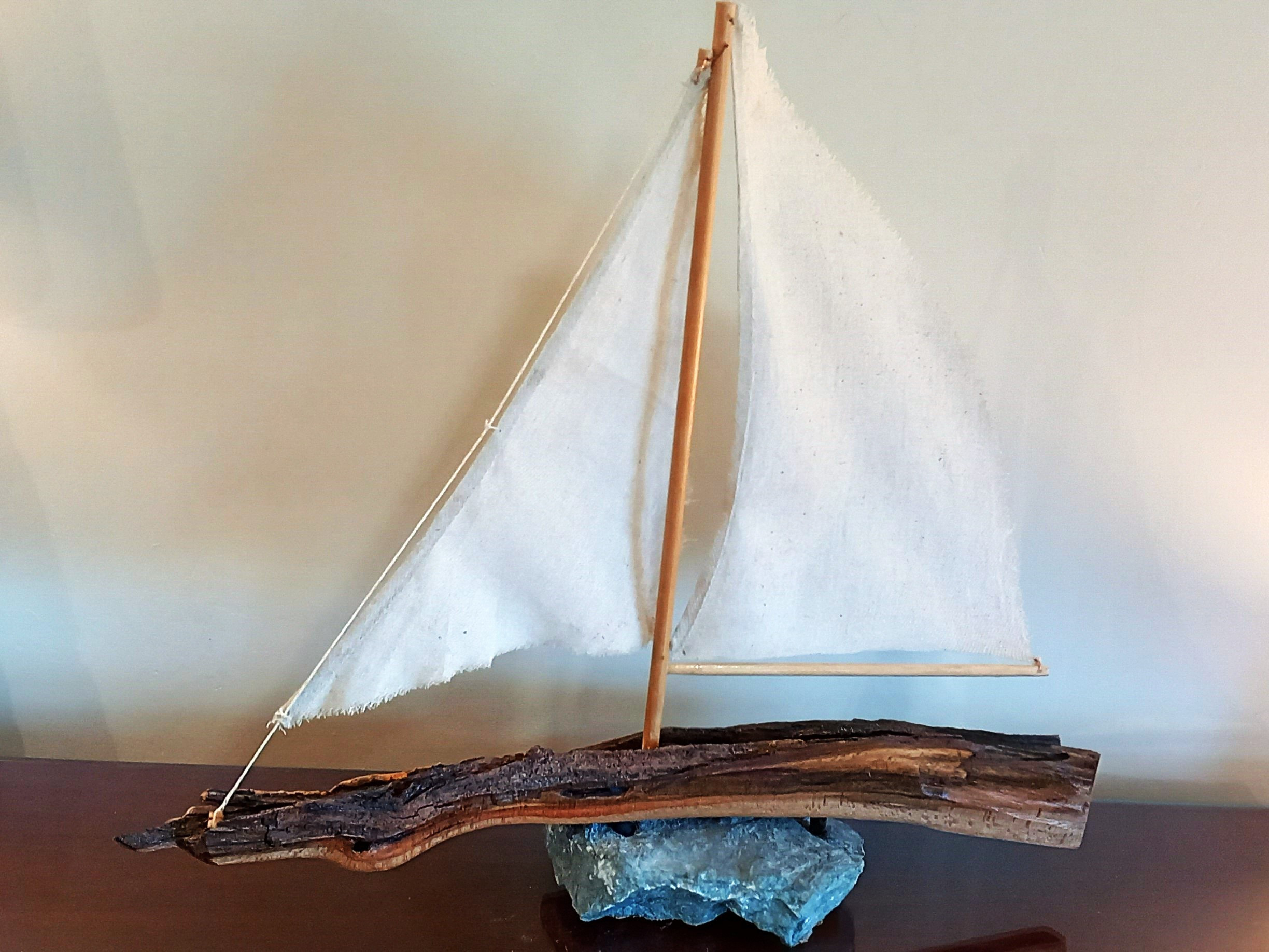 Unique, handmade wooden 'sailing boat'. Ornamental yacht.