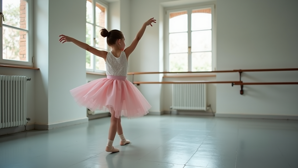 Vista a nivel de suelo de una niña practicando ballet en un estudio con espejos