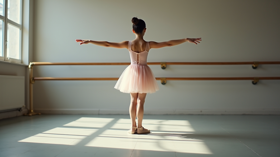 Vista a nivel de suelo de una bailarina practicando ballet en estudio con espejos