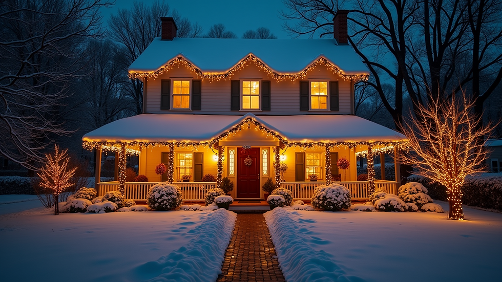 Eye-level view of a beautifully lit home during the holiday season