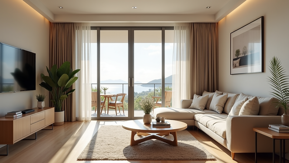 High angle view of a beautifully arranged vacation rental living space