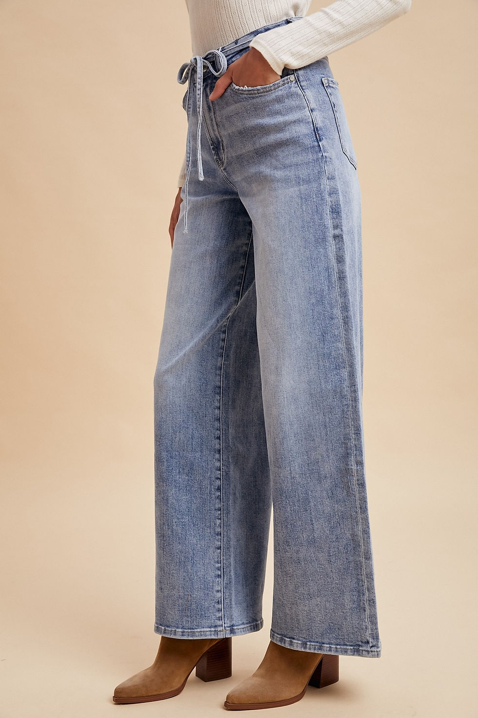 Thumbnail: wide leg soft belted denim jeans