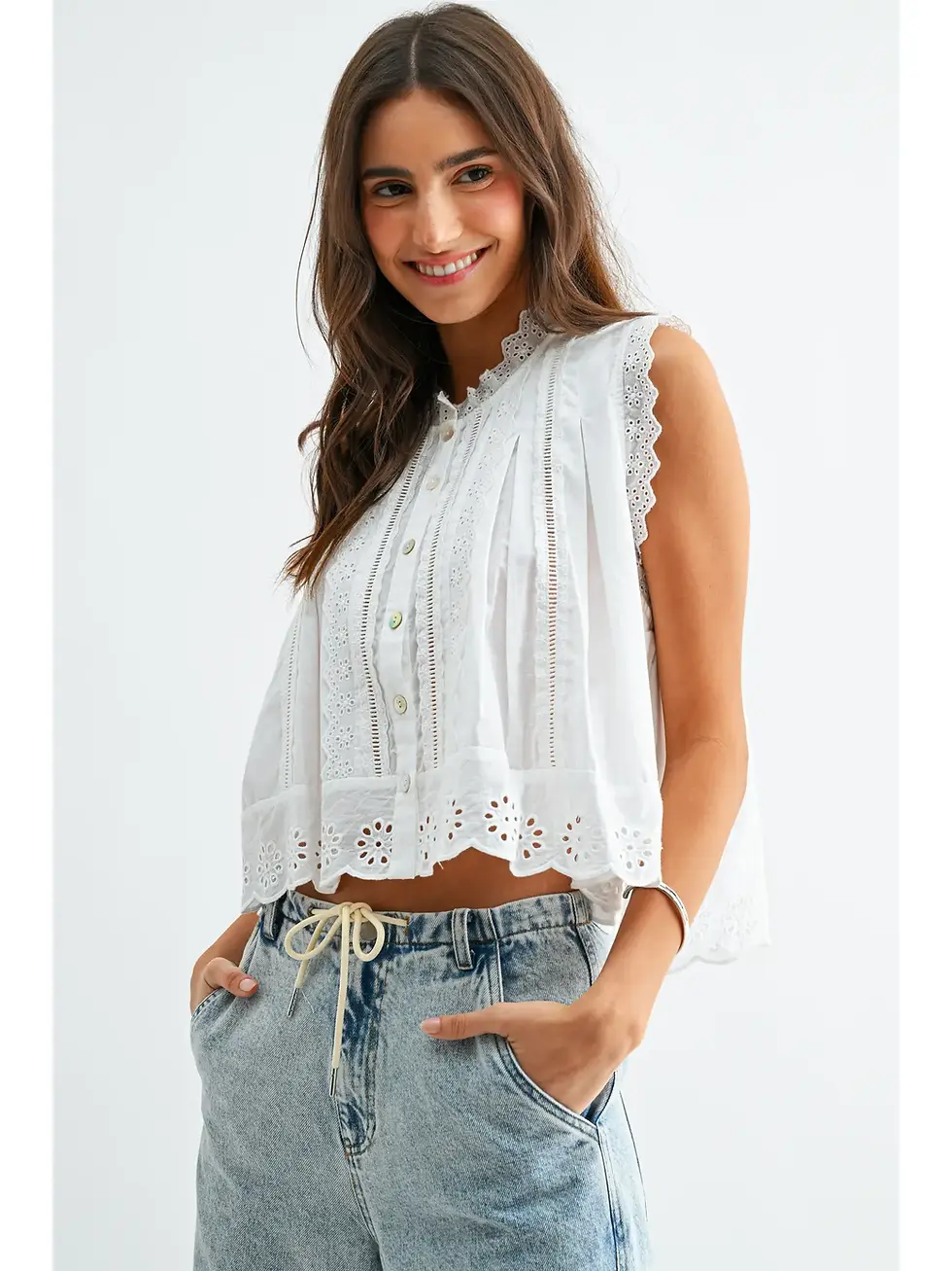 Broderie Anglaise Sleeveless Cotton Blouse - White