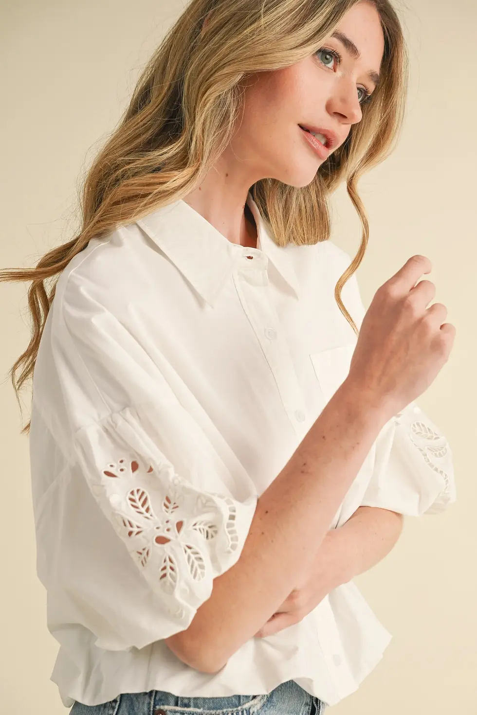Thumbnail: Cut Out Embroidered Bubble Sleeve Top - White