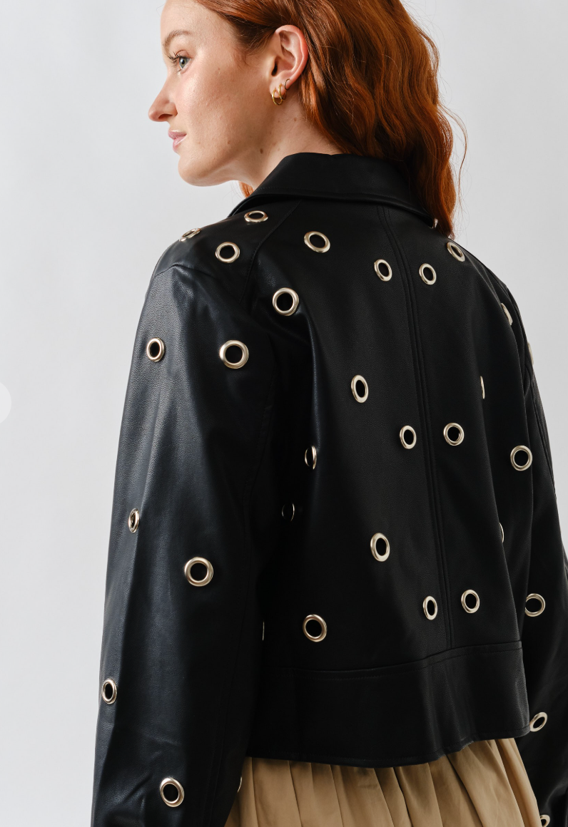 Thumbnail: Grommet studded zip up vegan leather jacket - black