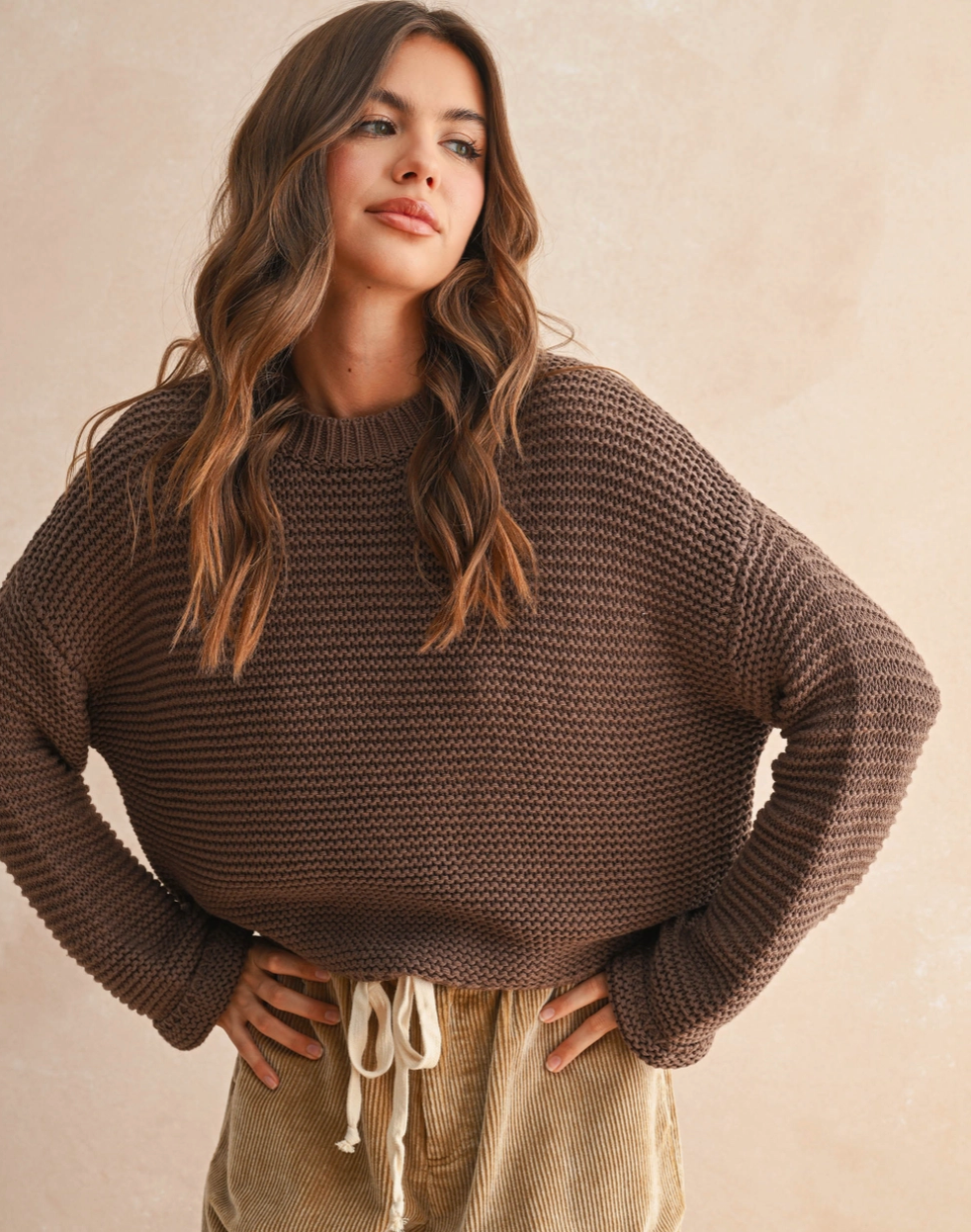 Loose knit roll-up sleeve sweater - chocolate brown