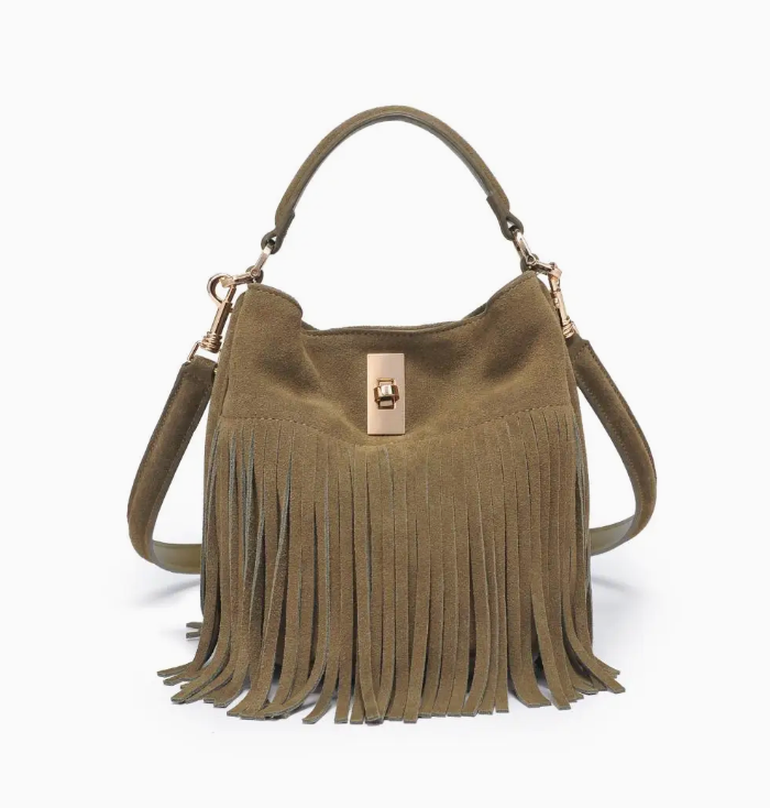 Suede fringe bucket bag - olive