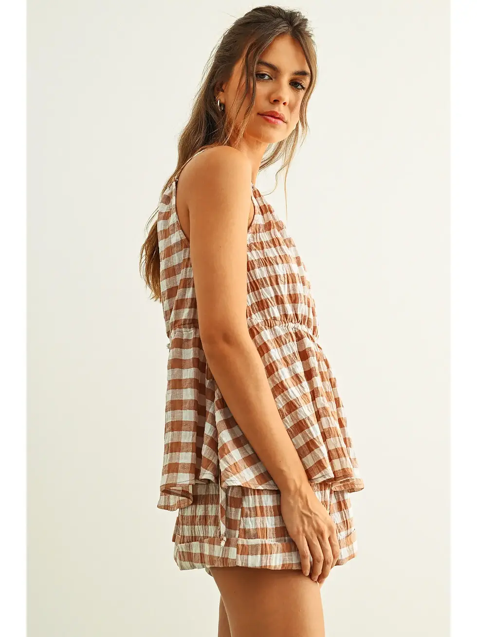 Thumbnail: Gingham Sleeveless Elastic Band Waist Top - Brown/White