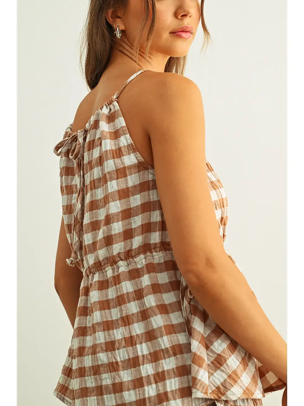 Thumbnail: Gingham Sleeveless Elastic Band Waist Top - Brown/White