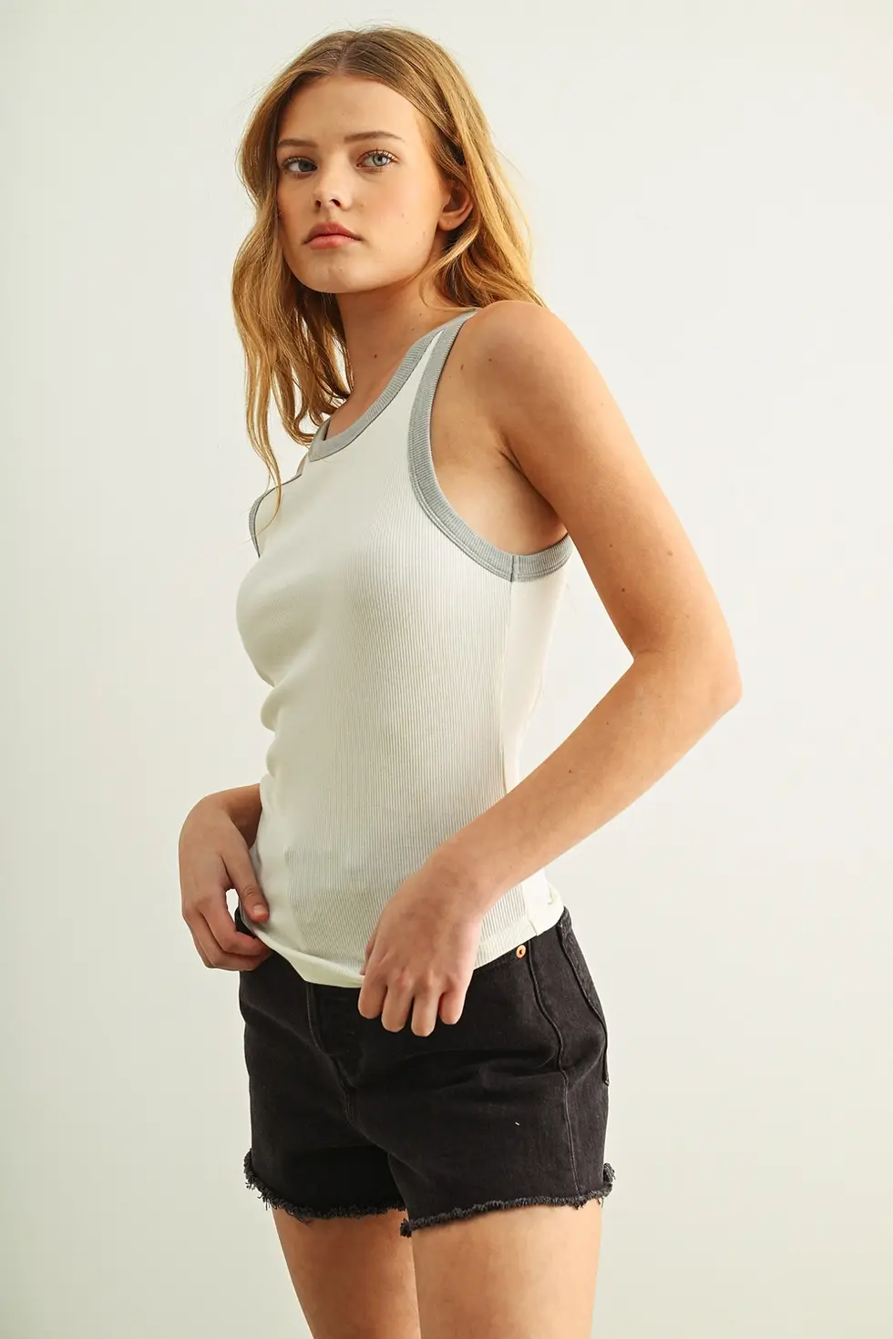 Thumbnail: Color Contrast Ribbed Soft Tank - White/Grey