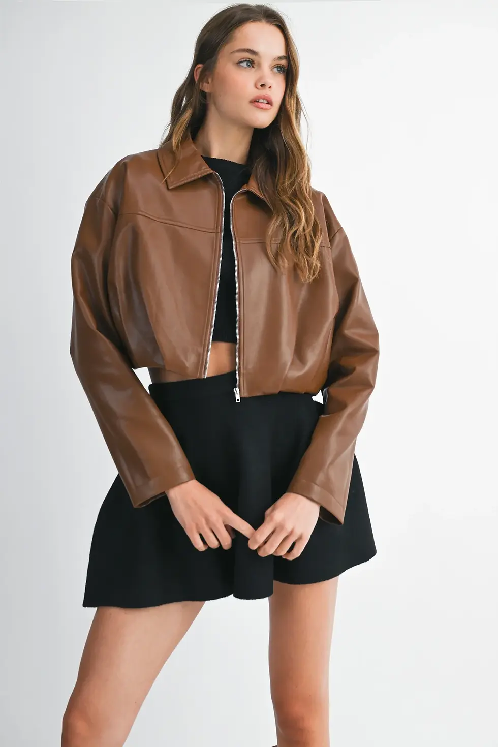 Pleated bubble zip up vegan leather jacket - chocolate brown