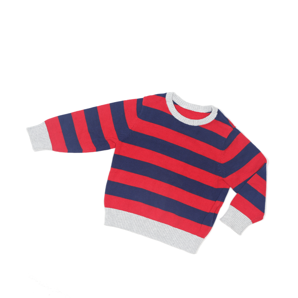 A red and blue knitted jumper