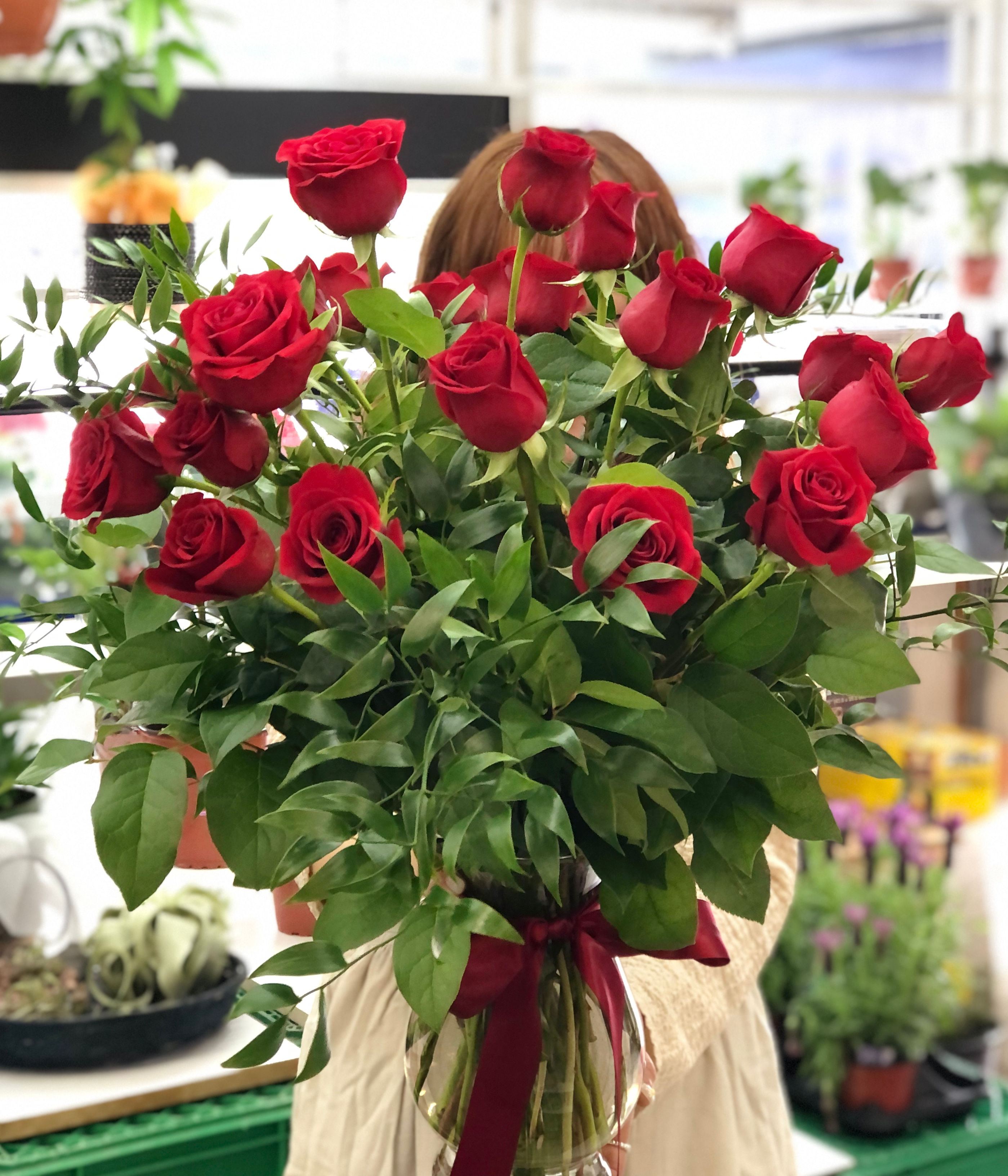 Red Rose with Greenery in Vase
