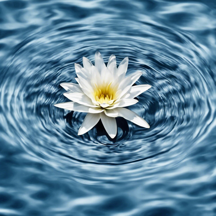 blue water with circular ripples. use this exact image and add one white lily in the ce