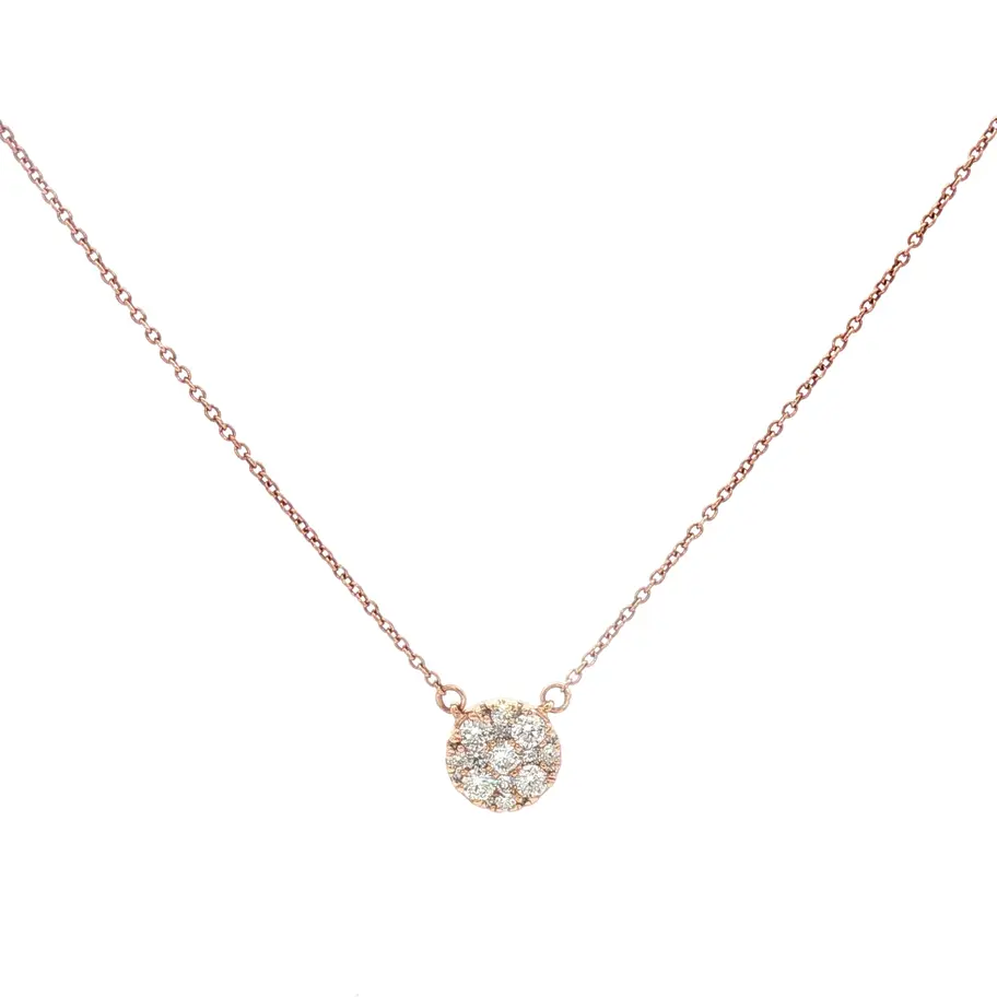 Collar de oro rosa delicado con círculo de diamantes. Diseño elegante de Boué Joyeros.