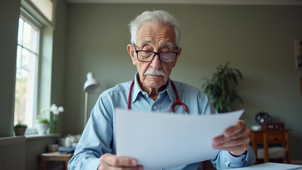 Eye-level view of a senior citizen reviewing Medicare documents