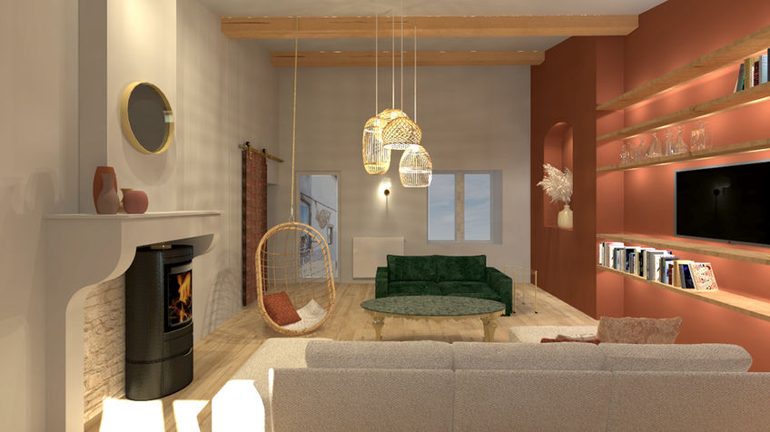 salon, rénovation, mobilier design, ancienne maison, rhone, charly, architecture intérieure