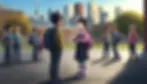 an Asian girl talking confidently at a school yard with a background of a modern city like Toronto, showing the communication skills of a child from an immigrant family