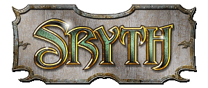 Het logo van het Sryth spel. Het vermeldt de tekst "SRYTH" één een horizontaal grijs schild met groene letters die een gouden rand hebben.