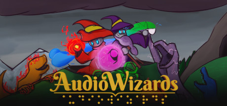 Header from the AudioWizards Game. It shows 2 wizards and some monster with bright colours. The logo says AudioWizards, but also has the braille dots under the logo.