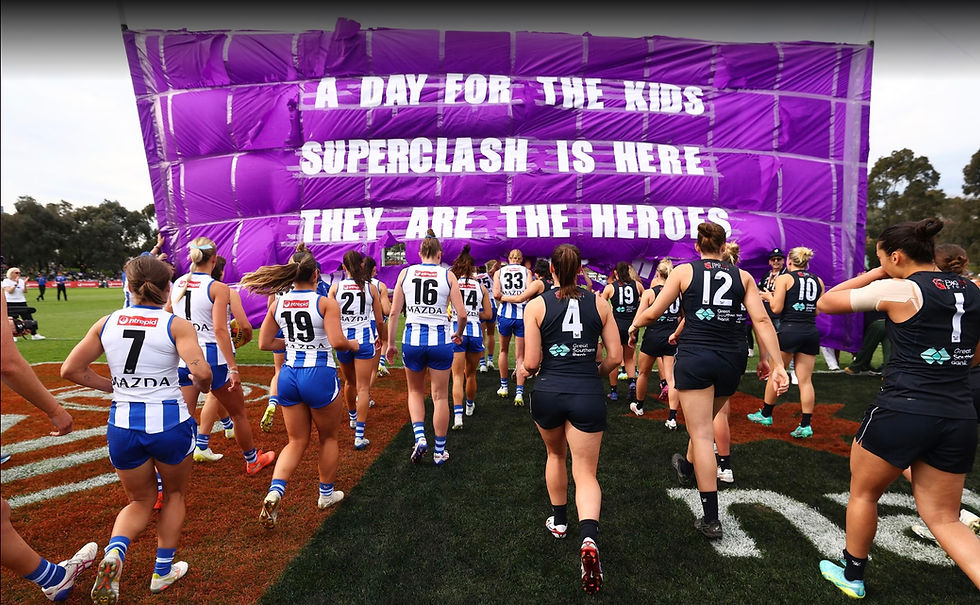 Teams walk through the banner together for the Good Friday Appeal’s SuperClash (Daniel Pockett/Getty Images)
